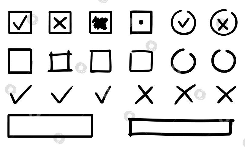 Скачать Набор нарисованных от руки элементов выделения, галочек, крестиков. Столбец выбора, установите флажок рядом с ним, сделайте выбор, откажитесь. Черный линейный набор. фотосток Ozero