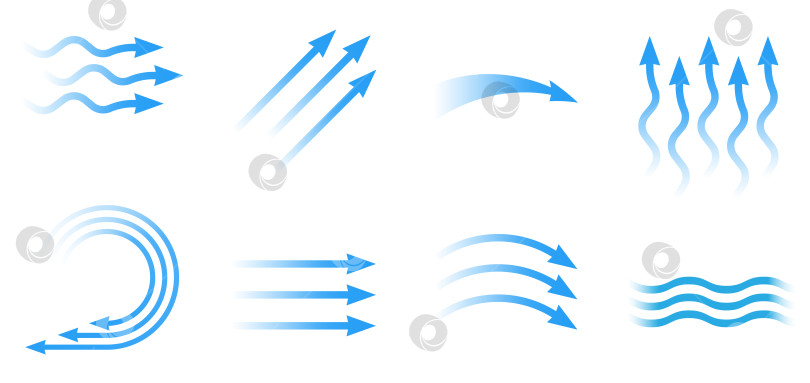 Скачать Поток воздуха. Набор синих стрелок, показывающих направление движения воздуха. Стрелки направления ветра. Синяя струя холодного воздуха из кондиционера фотосток Ozero