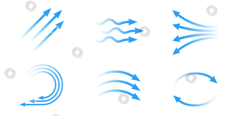 Скачать Поток воздуха. Набор синих стрелок, показывающих направление движения воздуха. Стрелки направления ветра. Синяя струя холодного воздуха из кондиционера. фотосток Ozero