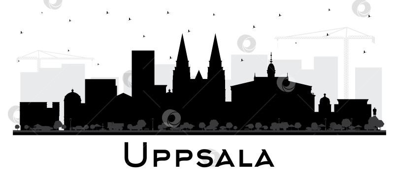 Скачать Силуэт шведского города Уппсала на горизонте с черными зданиями, выделяющимися на белом фоне. фотосток Ozero