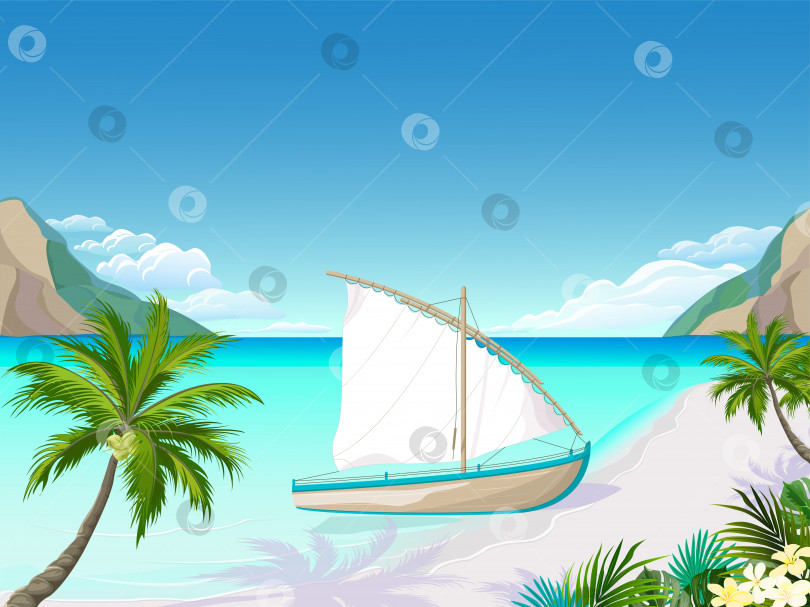 Скачать Тропический пляж с лодкой и парусом фотосток Ozero