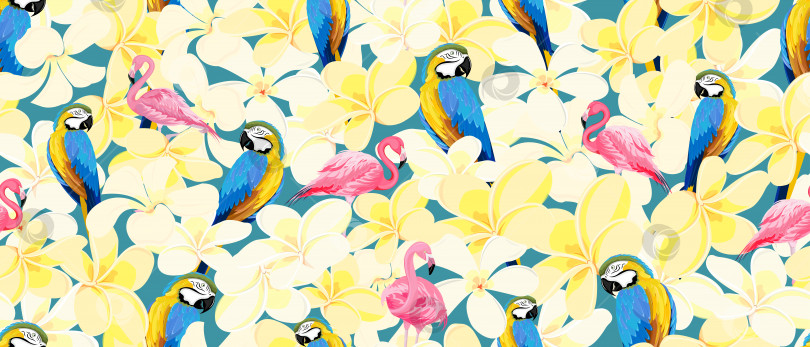 Скачать Бесшовный узор из тропических птиц-попугаев, фламинго и цветов фотосток Ozero