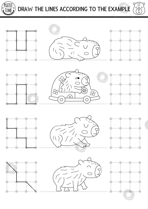 Скачать Занятия по рисованию капибар, письму, обводке, ориентированию в пространстве для детей с милыми животными. Рисуйте линии в квадратной рамке. Игра, головоломка, раскраска с капибарами для черно-белой печати фотосток Ozero
