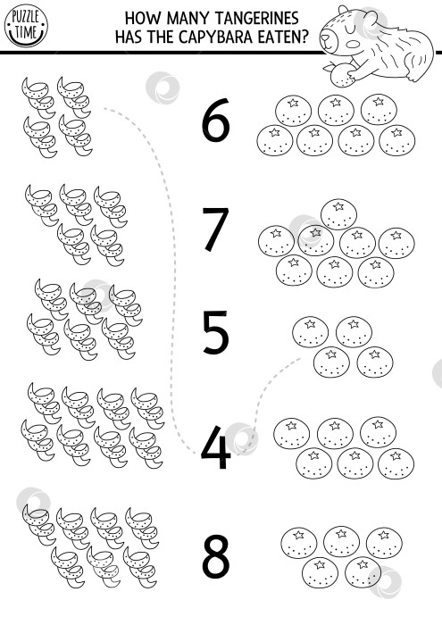 Скачать Подбери цифры в игре "Капибара" с мандаринами или апельсинами, их кожурой. Черно-белая математическая раскраска "Капибара" для детей дошкольного возраста. Развивающий лист для счета с изображением животных фотосток Ozero