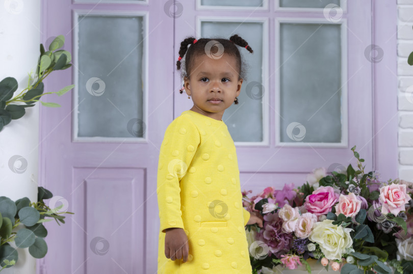 Скачать Маленькая забавная афроамериканка стоит возле закрытой двери. фотосток Ozero