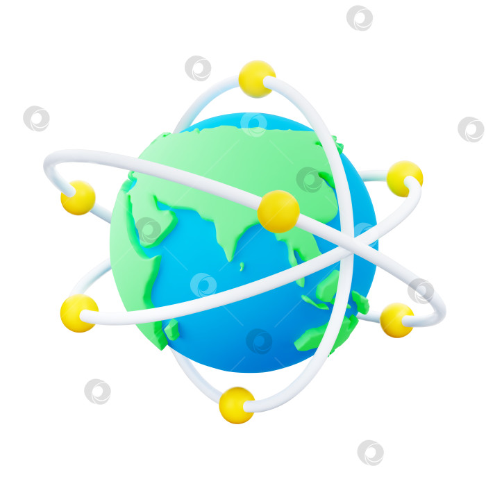 Скачать 3d-мультяшная Земля с белыми орбитами и желтыми сферами для глобальных связей, создания сетей, коммуникаций или международного бизнеса. Земной шар с зелеными континентами и голубым океаном. 3d векторная иллюстрация. фотосток Ozero