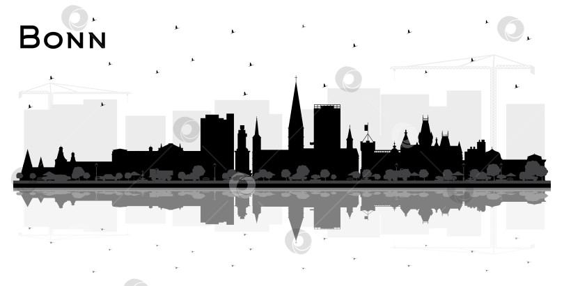 Скачать Бонн, Германия, Силуэт города на горизонте с черными зданиями и отражениями на белом фоне. Путешествия и концепция исторической архитектуры. Городской пейзаж Бонна с достопримечательностями. фотосток Ozero