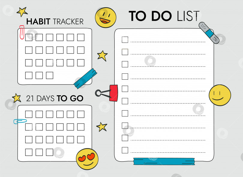 Скачать Шаблоны списка дел для целей и отслеживания привычек (на 21 день). Элементы для скрапбукинга - эмодзи, скотч, скрепки фотосток Ozero