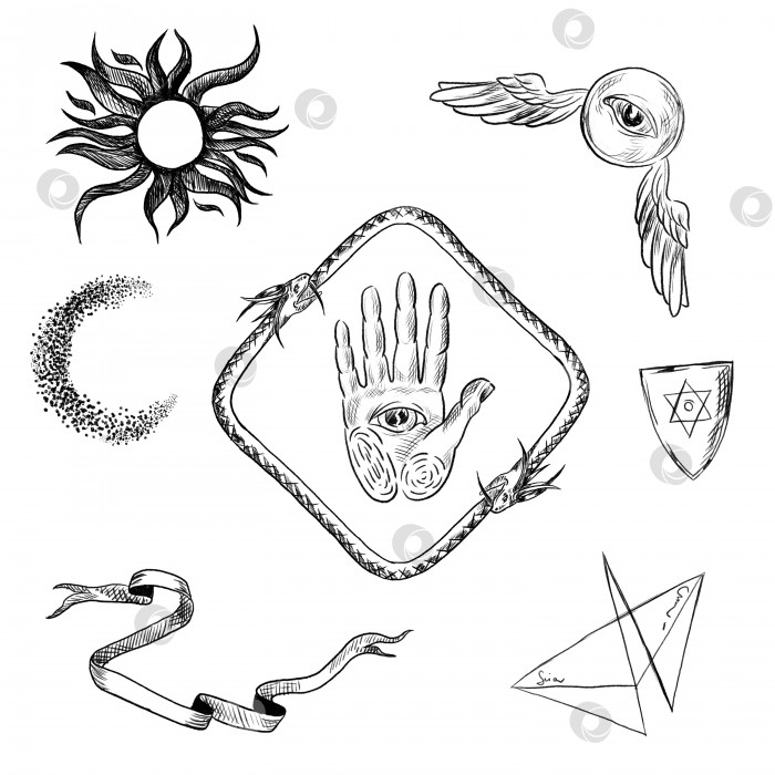 Скачать набор с магическими элементами: руки, звезды, солнце, луна, глаза. фотосток Ozero