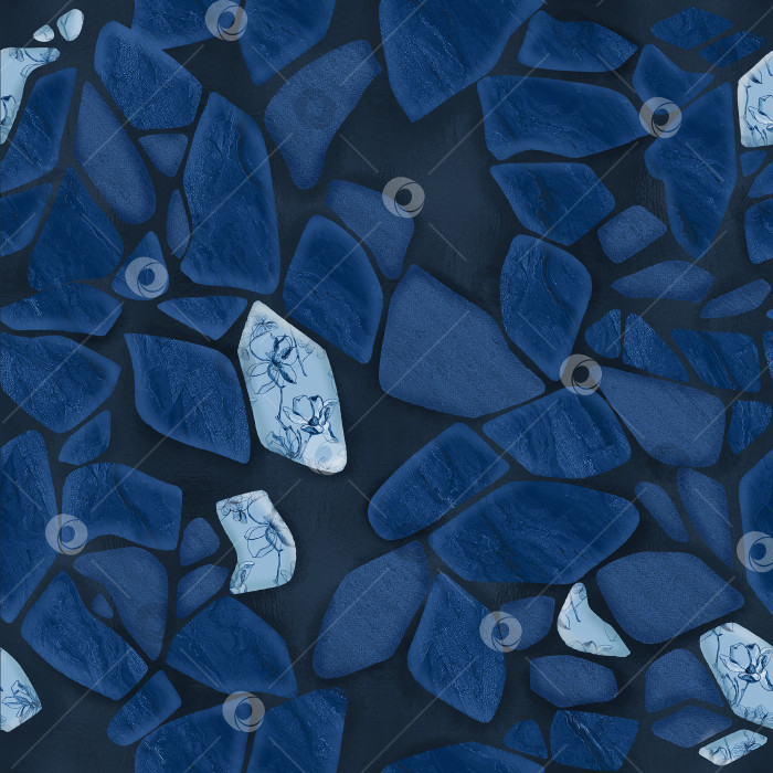 Скачать Синий бесшовный узор с текстурой потрескавшейся керамической плитки. Рисованная иллюстрация в стиле Кинцуги фотосток Ozero