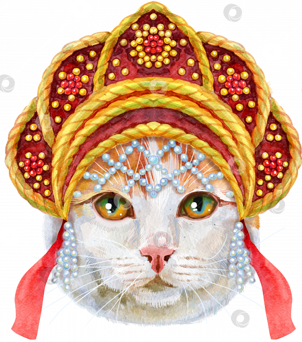 Скачать Прекрасный портрет турецкого кота ван крупным планом в национальном русском головном уборе кокошнике. Рисованная акварель от руки фотосток Ozero