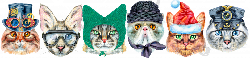 Скачать Рамка из портретов кошек разных пород с аксессуарами. Акварельная иллюстрация, нарисованная от руки фотосток Ozero