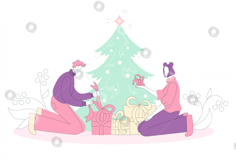 Скачать Мужчина и женщина открывают подарки к Новому году под рождественской елкой у себя дома фотосток Ozero