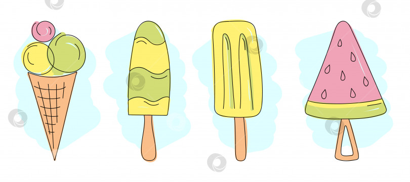 Скачать Летний набор из разных видов мороженого в стиле каракули фотосток Ozero