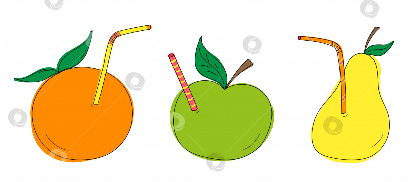 Скачать Апельсин, яблоко и груша, набор фруктов с трубочкой для сока, векторная иллюстрация в стиле каракули фотосток Ozero