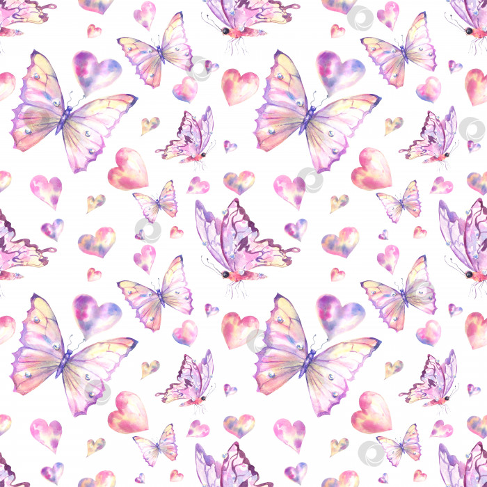 Скачать Милые бабочки, нарисованные акварелью от руки, бесшовный узор. Растровая текстура анималистичного дизайна. Красочная, яркая иллюстрация на белом фоне. Красивый дизайн обоев в пастельных тонах. фотосток Ozero