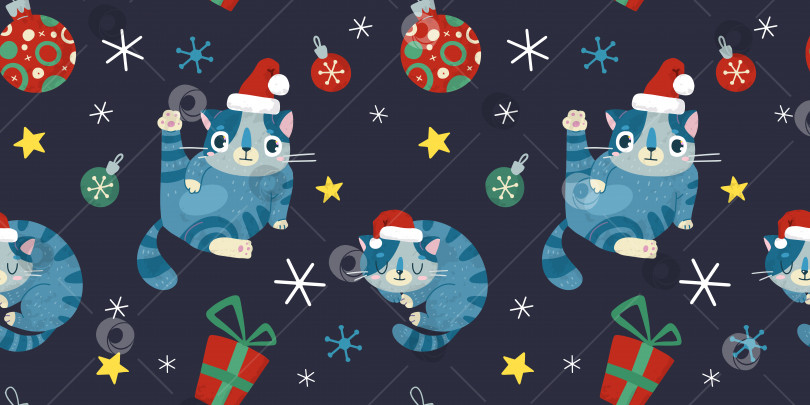 Скачать Векторный бесшовный узор для рождественских и новогодних праздников с милой кошкой. фотосток Ozero