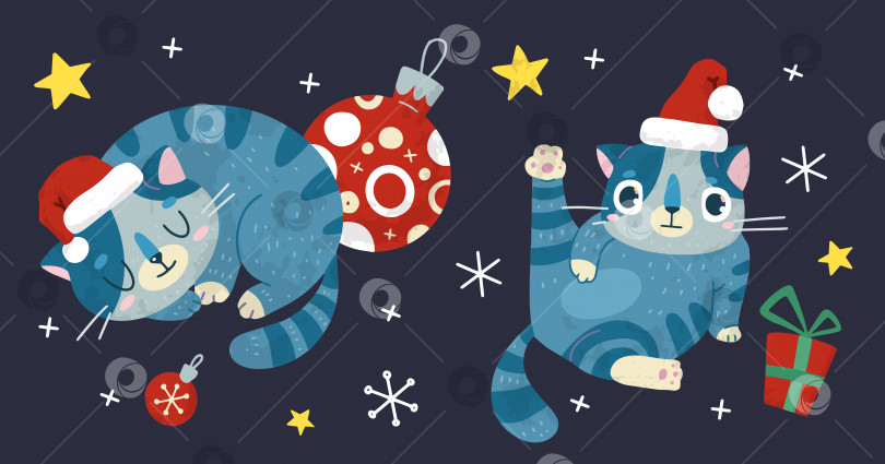 Скачать Векторная стоковая иллюстрация рождественских и новогодних праздников с милым котом и снегом. фотосток Ozero