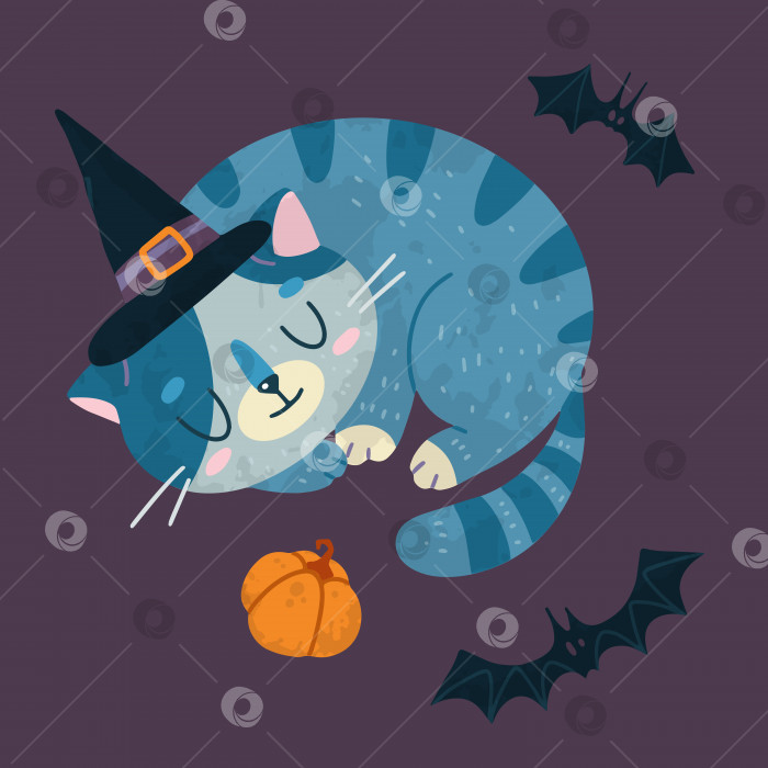 Скачать Векторная иллюстрация Helloween со стоком с милой кошкой в шляпе ведьмы, летучими мышами и тыквой фотосток Ozero