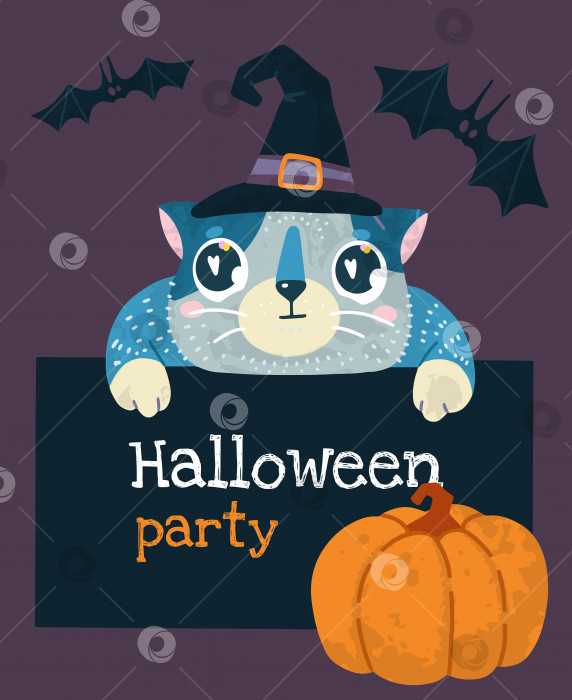Скачать Векторная иллюстрация Helloween со стоком с милой кошкой в шляпе ведьмы, летучими мышами и тыквой фотосток Ozero