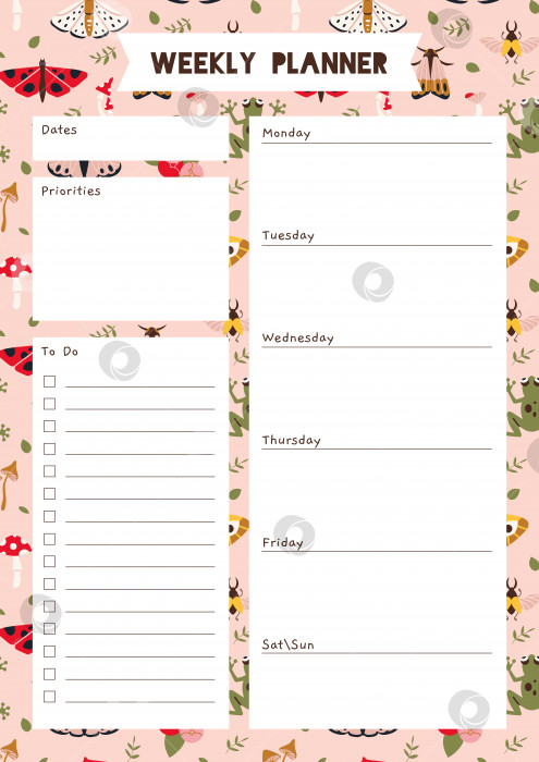 Скачать Симпатичный шаблон еженедельного планировщика, список дел, с летней атмосферой, мотыльком, грибами, мультяшным стилем. Бумага формата А4 для печати на странице bullet journal. Модная современная векторная иллюстрация, нарисованная от руки, плоская фотосток Ozero