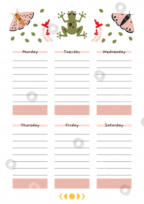Скачать Симпатичный еженедельный график на 6 дней. Шаблон с летней атмосферой, мотыльком, лягушкой, мультяшным стилем. Бумага формата А4 для печати на странице bullet journal. Модная современная векторная иллюстрация, нарисованная от руки, плоская фотосток Ozero