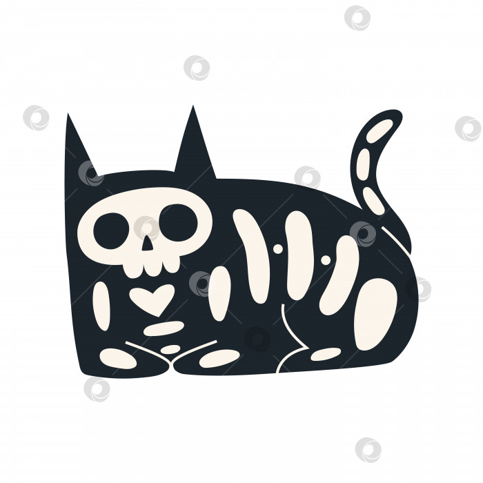 Скачать Мультяшный черный кот со скелетом. Забавный клип на Хэллоуин. Модная современная векторная иллюстрация, изолированная на белом фоне, нарисованная от руки фотосток Ozero