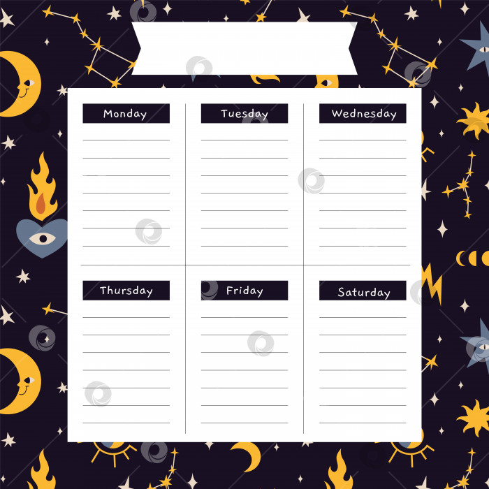 Скачать Симпатичный шаблон фона еженедельного планировщика с Солнцем и луной, созвездиями, мультяшным стилем. Космическая и астрологическая тема, зодиак. Модная современная векторная иллюстрация, нарисованная от руки, плоская фотосток Ozero