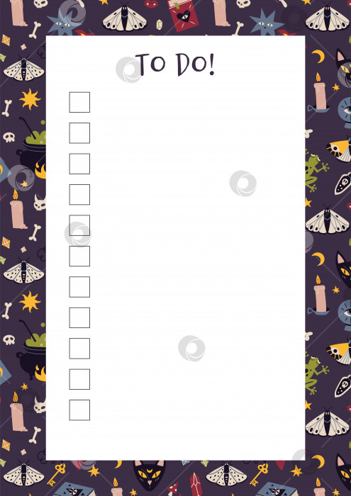 Скачать Симпатичный шаблон списка дел, с магическими оккультными вещами, колдовством, мультяшным стилем. Бумага формата А4 для печати на странице bullet journal. Модная современная векторная иллюстрация, нарисованная от руки, плоская фотосток Ozero