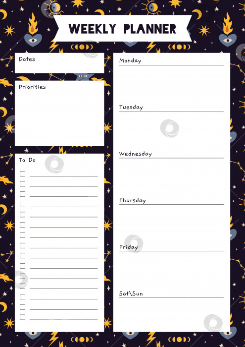 Скачать Симпатичный шаблон еженедельного планировщика, список дел, с Солнцем и луной, созвездиями, мультяшный стиль. Космическая и астрологическая тема, зодиак. Модная современная векторная иллюстрация, нарисованная от руки, плоская фотосток Ozero