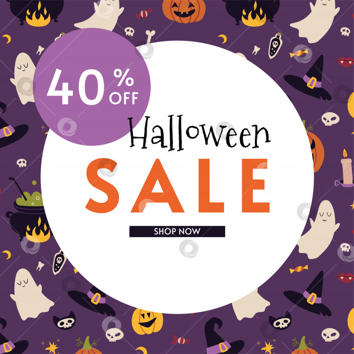 Скачать Happy Halloween sale скидка 40 % на шаблон баннера в мультяшном стиле. Макет рекламного плаката со скидкой для Интернета или социальных сетей, рекламы, листовок. Модная векторная иллюстрация, нарисованная от руки, плоская. фотосток Ozero