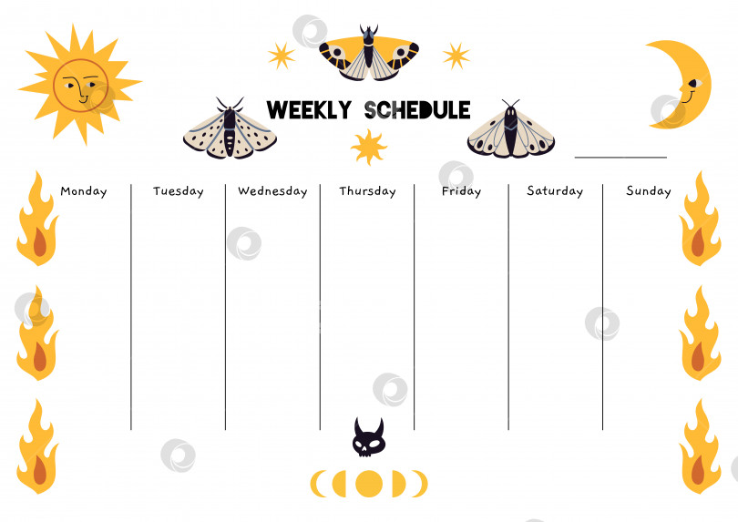 Скачать Симпатичный шаблон еженедельного расписания с магией, астрологической тематикой, мультяшным стилем. Бумага формата А4 для печати на странице bullet journal. Модная современная векторная иллюстрация, нарисованная от руки, плоская фотосток Ozero