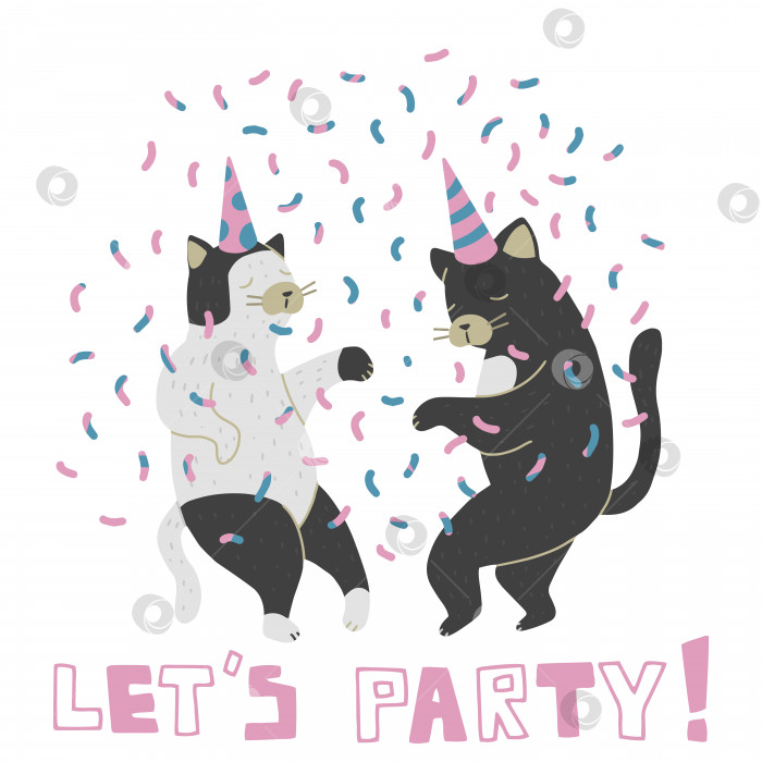 Скачать Танцующие кошки, изолированные на белом фоне. Пара на вечеринке по случаю дня рождения. фотосток Ozero