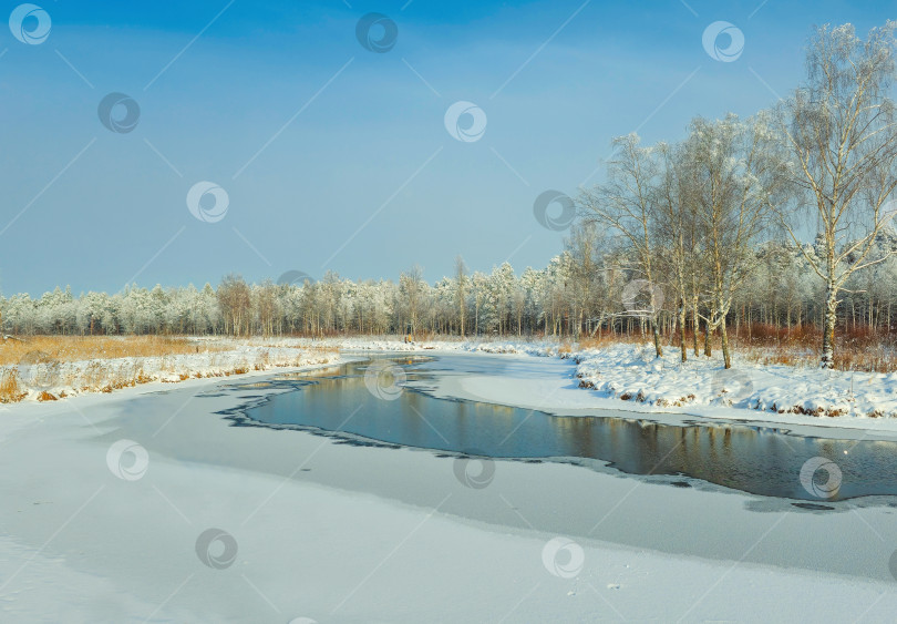 Скачать Удивительный солнечный зимний пейзаж с рекой в лесу. фотосток Ozero