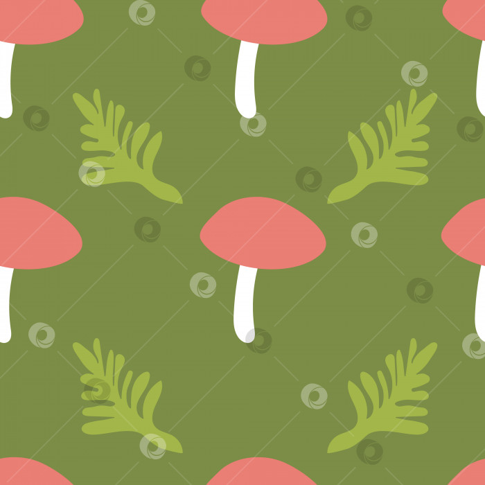 Скачать Лесные грибы с красными шляпками и листьями папоротника на зеленом фоне.Бесшовный узор в простом плоском стиле фотосток Ozero