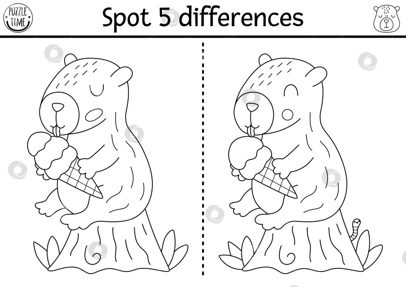 Скачать Игра "Найди отличия" для детей. Черно-белая развивающая игра "Капибара", в которой животное сидит на пеньке и ест мороженое. Пазл для детей с капибарой. Рабочий лист для печати, раскраска фотосток Ozero