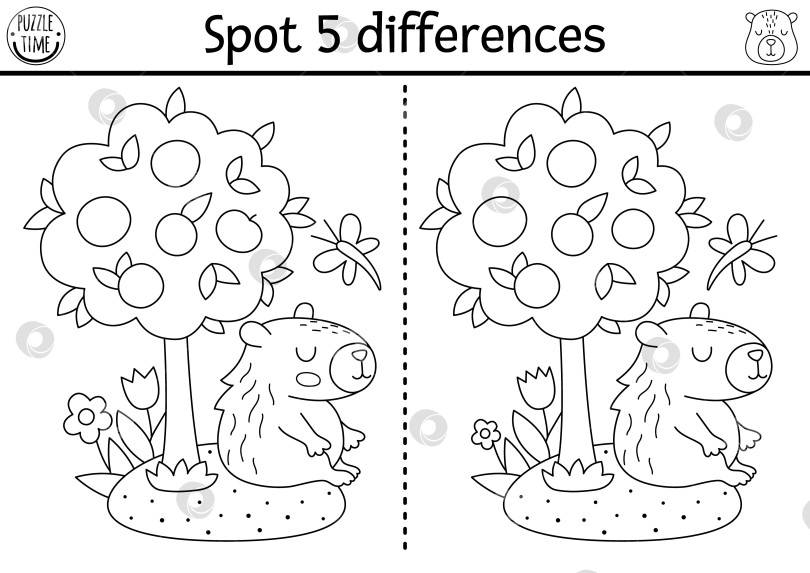 Скачать Игра "Найди отличия" для детей. Черно-белая развивающая игра "Капибара" с животным, сидящим под мандариновым деревом. Пазл для детей с капибарой. Рабочий лист или раскраска для печати фотосток Ozero
