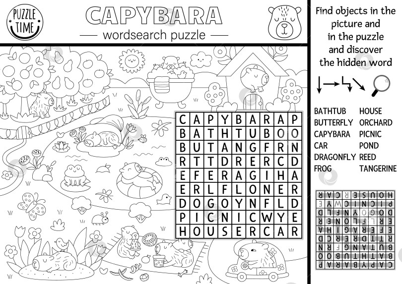 Скачать Векторная головоломка для поиска слов в виде капибары для детей. Черно-белая викторина по поиску слов с летним пейзажем природы. Развивающее занятие с милыми животными. Перекрестное слово Капибары, раскраска фотосток Ozero