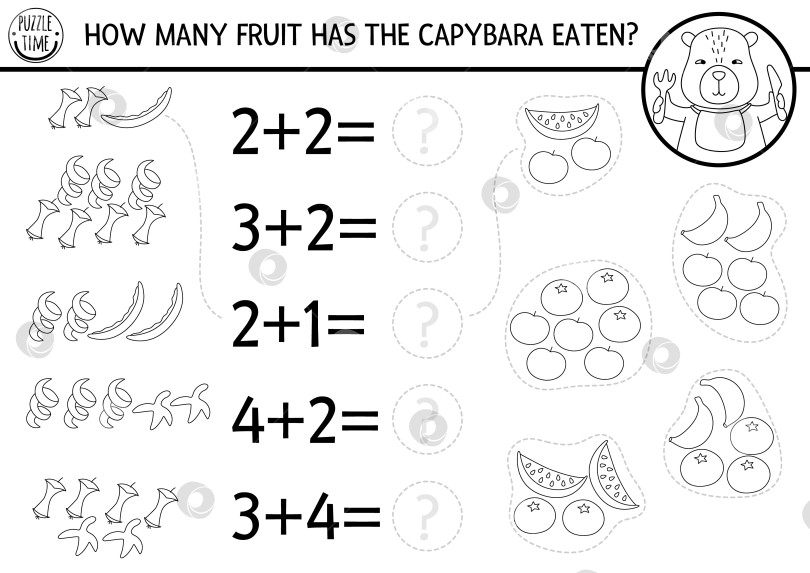 Скачать Черно-белая игра "Сколько фруктов" с милой капибарой. Математическое упражнение "Капибара" для детей дошкольного возраста. Лист для счета в линию, раскраска для детей с фруктовой кожурой. фотосток Ozero