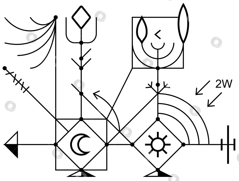 Скачать Схема магии ведьм. Нарисованная от руки мистическая астрономическая диаграмма. Эзотерический оккультный эскиз. Абстрактный рисунок мага для татуировки или печати. Символы колдовства солнце и луна. Векторный фон фотосток Ozero