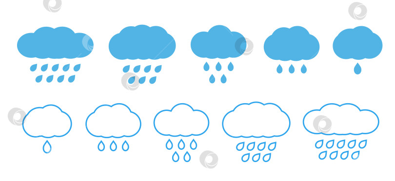 Скачать Различные иконки облаков и дождя, предназначенные для представления погоды и коммуникации, представлены в разных стилях и форматах. Векторная иллюстрация фотосток Ozero