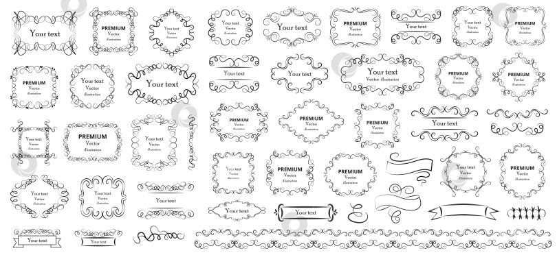 Скачать Элементы каллиграфического дизайна. Декоративные завитки и завитушки, винтажные рамки, завитушки, этикетки и разделители. Элементы дизайна специальных упаковок ко дню Святого Валентина. Векторная иллюстрация в стиле ретро фотосток Ozero