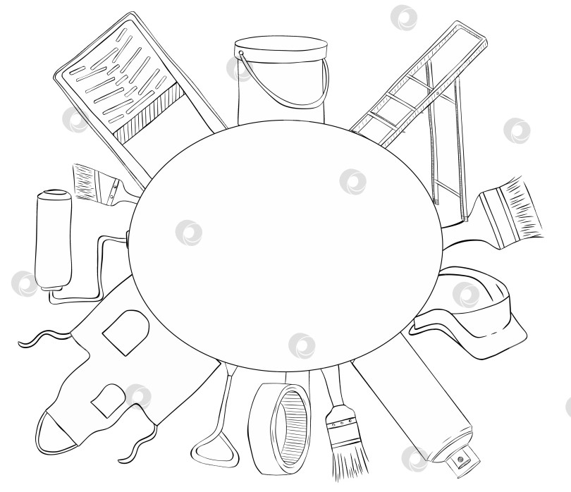 Скачать Стоковая векторная овальная рамка с инструментами художника, открывалкой для банок с краской, цветной банкой, фартуком, ведром, баллончиком, кистью, валиком, лотком для краски, клейкой лентой, лестницей, стремянкой. Набор графических иллюстраций чернилами. фотосток Ozero