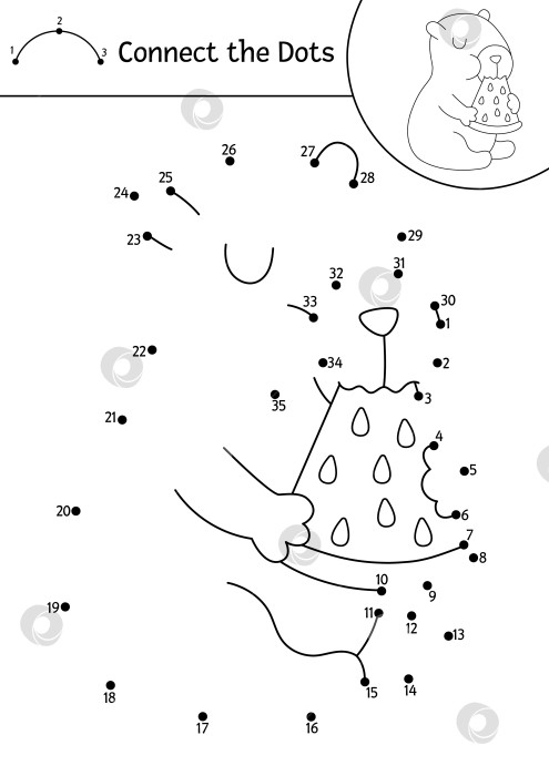Скачать Векторная линия, изображающая капибару от точки к точке, и раскраска с изображением милого животного, поедающего арбуз. Простая черно-белая игра "Соедини точки", раскраска для детей с расслабляющим изображением капибары. фотосток Ozero