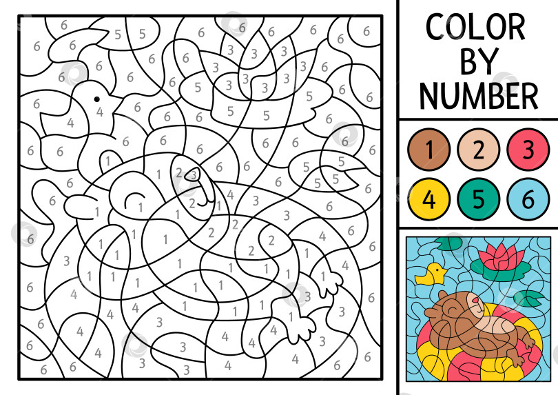 Скачать Векторная раскраска капибары по номерам с изображением животного, плавающего на плавучей поверхности в воде. Пейзаж природы. Черно-белая игра в счет. Раскраска для детей с милой капибарой фотосток Ozero