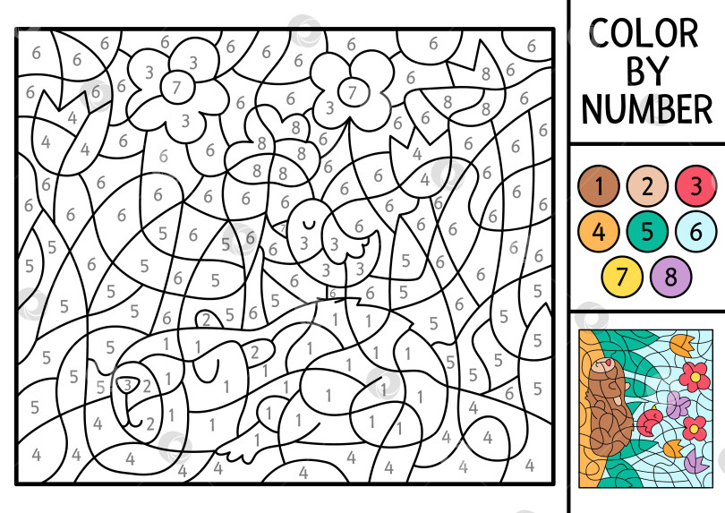 Скачать Векторная раскраска капибары по номерам с изображением животного, спящего в цветочном саду. Пейзаж природы. Черно-белая игра в подсчет. Раскраска для детей с милой капибарой фотосток Ozero