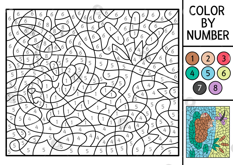 Скачать Векторная раскраска капибары по номерам с животным, плавающим на листьях кувшинки в пруду. Пейзаж природы. Черно-белая игра в подсчет. Раскраска для детей с милой капибарой фотосток Ozero