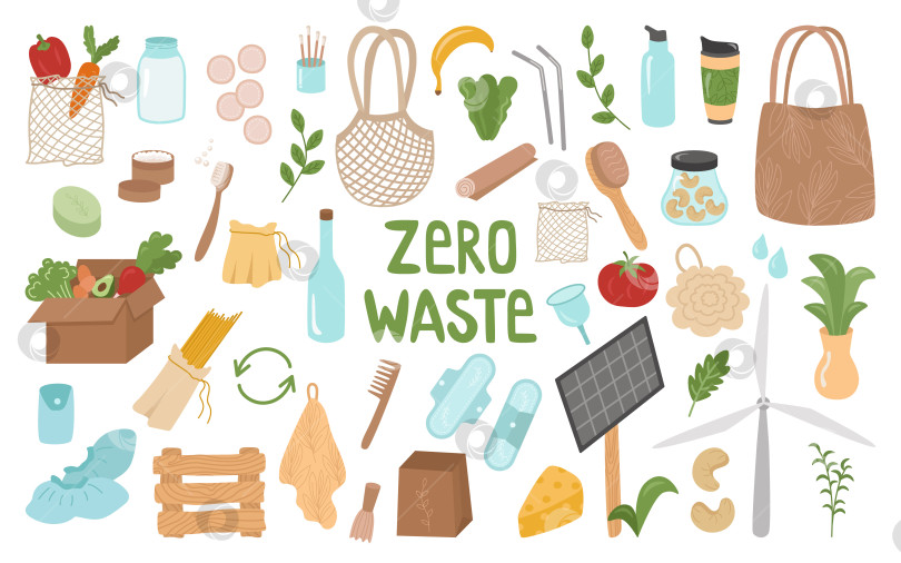 Скачать Zero waste - это большой набор элементов для концепции многоразовых вещей и вторичной переработки. Экосумки для продуктов, овощей, мочалка, бутылка для воды, пакет, термокружка, бахилы. Векторная иллюстрация. фотосток Ozero