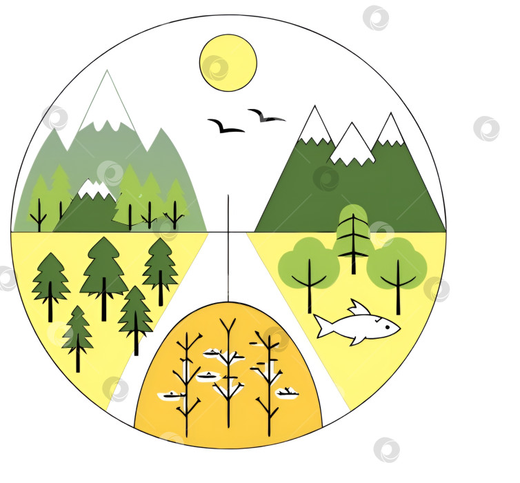 Скачать Векторная иллюстрация кругового пейзажа, разделенного на секции, изображающие природу фотосток Ozero