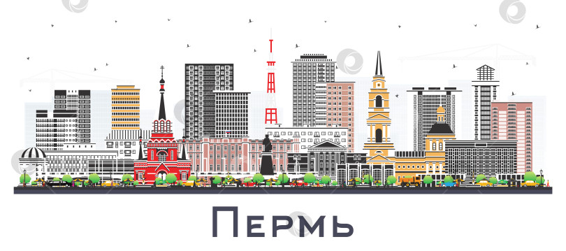 Скачать Пермь, Россия, городской пейзаж с цветными зданиями, выделяющимися на белом фоне. Городской пейзаж Перми с достопримечательностями. Концепция деловых поездок и туризма с современной и исторической архитектурой. фотосток Ozero